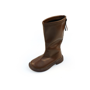 女童纯色百搭英伦风骑士中长靴2025秋冬款小女孩二棉薄绒烟筒靴子