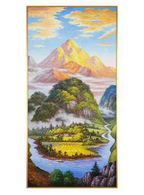 金山聚宝盆手绘油画玄关装饰画入户沙发背景西墙山水风景风水挂画
