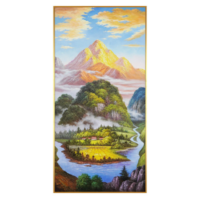 金山聚宝盆手绘油画玄关装饰画入户沙发背景西墙山水风景风水挂画