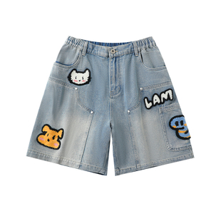 LAMLICKA贴布绣伐木工装牛仔短裤男夏宽松蓝色潮牌美式直筒五分裤