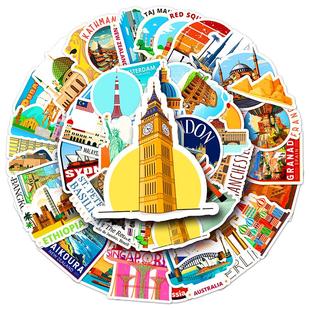 100张城市地标贴纸文化现代知名建筑风景旅游素材卡通创意手机ipad笔记本电脑旅行箱汽车自行车咕卡吉他贴纸