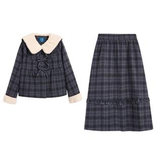 紫涵复古羊毛格纹毛呢翻领外套a字半身裙两件套装2025冬装一整套