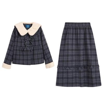 紫涵绵羊毛毛呢格纹半身裙套装