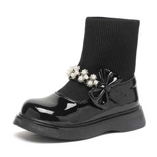 舞玛女童靴子儿童马丁靴2025新款秋冬季小女孩加绒防滑红色袜口靴