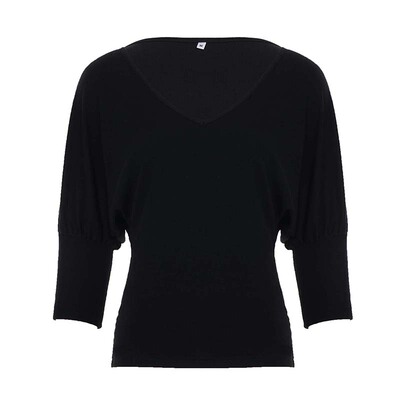 WEEKEEP 百搭休闲黑色V领七分袖针织上衣女简约基础收腰显瘦T恤
