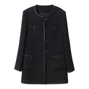 大码女装中长款黑色羊毛粗花呢小香风外套秋冬保暖胖mm短款呢大衣
