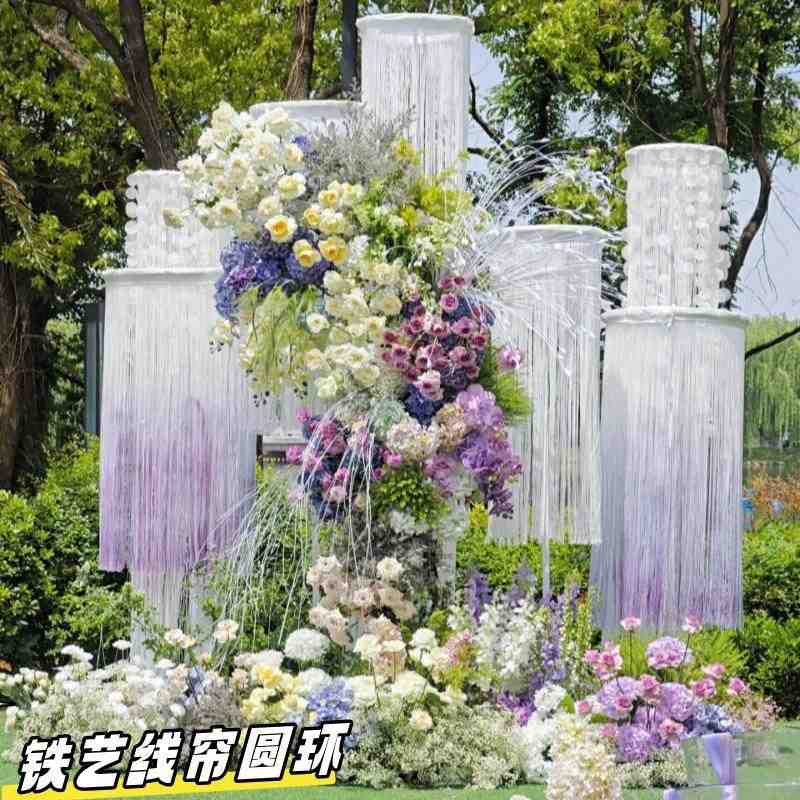 新款婚庆道具线帘圆环吊环伸缩杆艺铁路圆形引花环装饰珠帘架子立