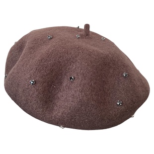 羊毛千金风珍珠水钻贝雷子帽女秋冬优雅百搭显脸小豹纹帽围画家帽