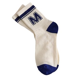 字母M袜子女春秋款海军风外穿搭配小白鞋长筒棉袜个性潮流中筒袜