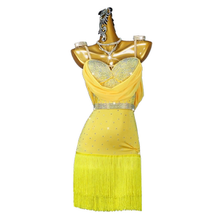 2026新款黄色拉丁舞裙舞蹈台表演出比赛服装成人儿童恰恰专业花服