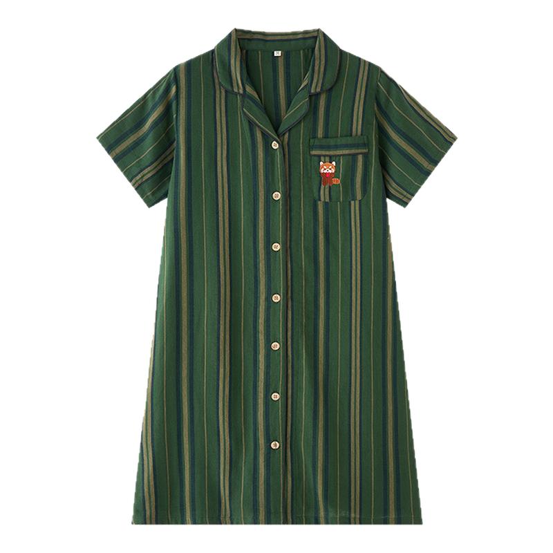 日系风女款睡裙25夏季小浣熊刺绣纯棉纱布衬衫款睡衣短袖家居服