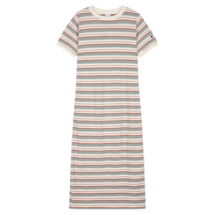 Champion冠军针织连衣裙女2025夏季新款撞色条纹知性风短袖中长裙