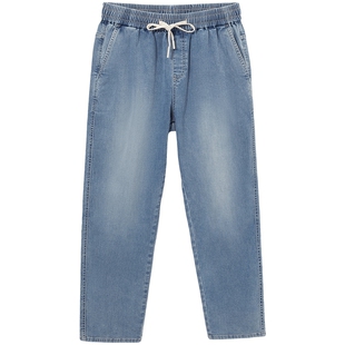 热风男装25春新款休闲牛仔裤宽松直筒抽绳男裤百搭活力裤子