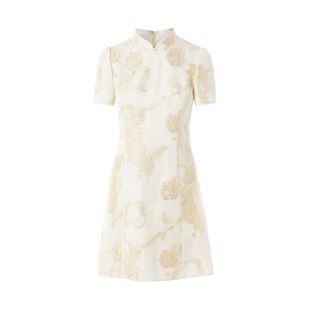 朗姿集团LIME莱茵新中式连衣裙香槟米色25夏立领斜襟宫廷风短袖裙