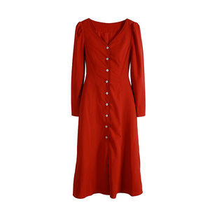 复古红色V领长袖连衣裙女2026年春季新款收腰排扣时尚显瘦a字长裙