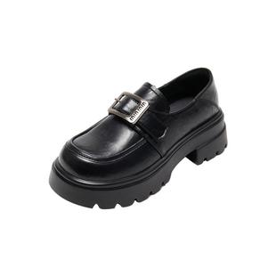 三福乐福鞋女春季学院运动韩系抓皱搭扣增高厚底女鞋838520