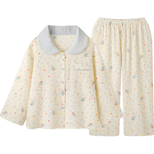 【牛仔象牙】日系甜美风纯棉高级感睡衣女款春秋季泡泡棉纱家居服