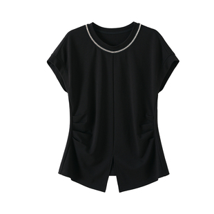 OSA欧莎钻织圆领黑色T恤短袖女25年夏季新款开叉下摆收腰显瘦上衣