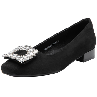 大东官方低跟浅口单鞋女款2026春季新款方头水钻女鞋粗跟黑色鞋子