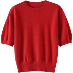 柔软时光~好搭!圆领100%纯山羊绒短袖女纯羊绒毛衣打底衫秋冬