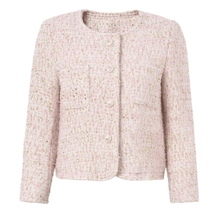 马天奴女装春秋新款粉色圆领单排扣短款粗花呢外套小香风气质时尚