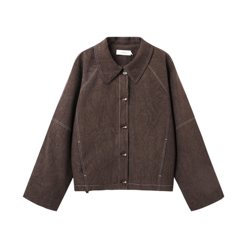 西町村屋休闲感外套女装2025秋季新款条纹拼接翻领上衣XHAC10745