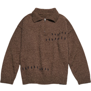 STILLYOU复古慵懒个性圈圈纱翻领半拉链套头毛衣女宽松缝线装饰