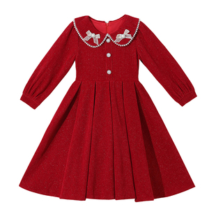 女童连衣裙2025秋冬加绒洋气娃娃领公主裙冬季日常加厚女宝宝冬裙