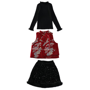 女童冬季中国风年服三件套2026新款女孩夹棉马甲打底衫半身裙冬款