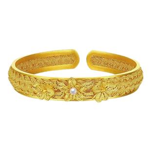 黄金色莲开福来手镯 中式复古花丝古典开口手环宫廷风女款手饰