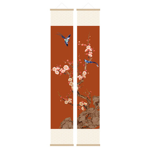 喜上枝头玄关装饰画新中式入户窄长条挂轴画客厅走廊过道背景墙画
