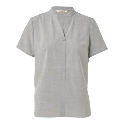 Famecoco折扣店显瘦V领格纹短袖衬衣气质通勤直筒上衣F223BK001