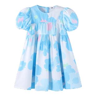 安奈儿童装女童短袖连衣裙2024夏新款纯棉泡泡袖显瘦公主裙网纱裙