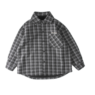 TR格子儿童衬衫男童加绒加厚衬衣中大童宽松冬装外套翻领2025新款