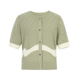 XG雪歌撞色设计短袖毛针织衫2025夏季新款浅绿色创意提花开衫女装