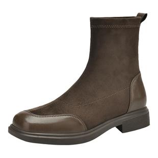 达芙妮加绒短靴女2025新款踝靴平底靴子弹力瘦瘦靴秋冬马丁靴袜靴