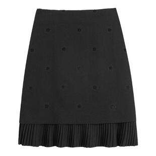 unnone item 黑色花朵刺绣天丝压褶直筒复古显瘦半身裙春夏中裙女