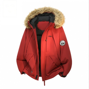 JEEP 女士26新款派克服羽绒棉服 工装户外连帽大毛领加厚保暖外套