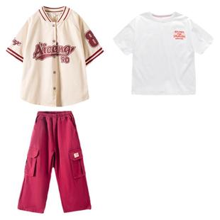 夏季街舞儿童棒球服外套短袖套装hiphop男女童嘻哈炸街六一演出服
