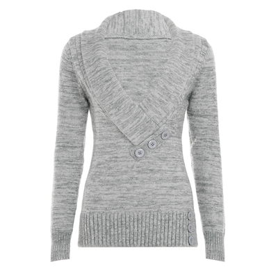 ROCKMORE【小众复古】灰色深V领设计中长款毛衣翻领纽扣毛织衫潮