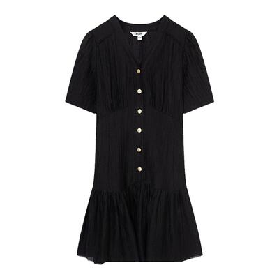 ELAND荷叶边泡泡袖收腰连衣裙