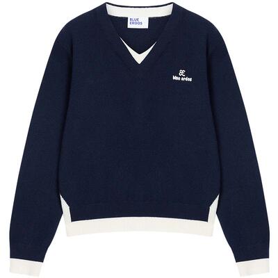 【100%山羊绒】BLUE ERDOS26早春新品撞色V领刺绣羊绒衫B2265A008