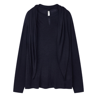 BLINK/可机洗美利奴高支羊毛笈细柔软微透飘带长袖针织廓形罩衫蓝