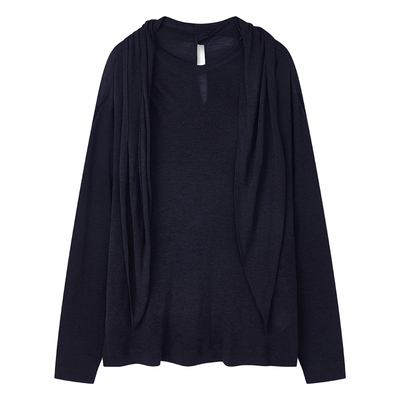 BLINK/可机洗美利奴高支羊毛笈细柔软微透飘带长袖针织廓形罩衫蓝