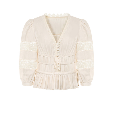 Maison Wester2025年夏季新款白色女款流行蕾丝V领灯笼袖收腰上衣