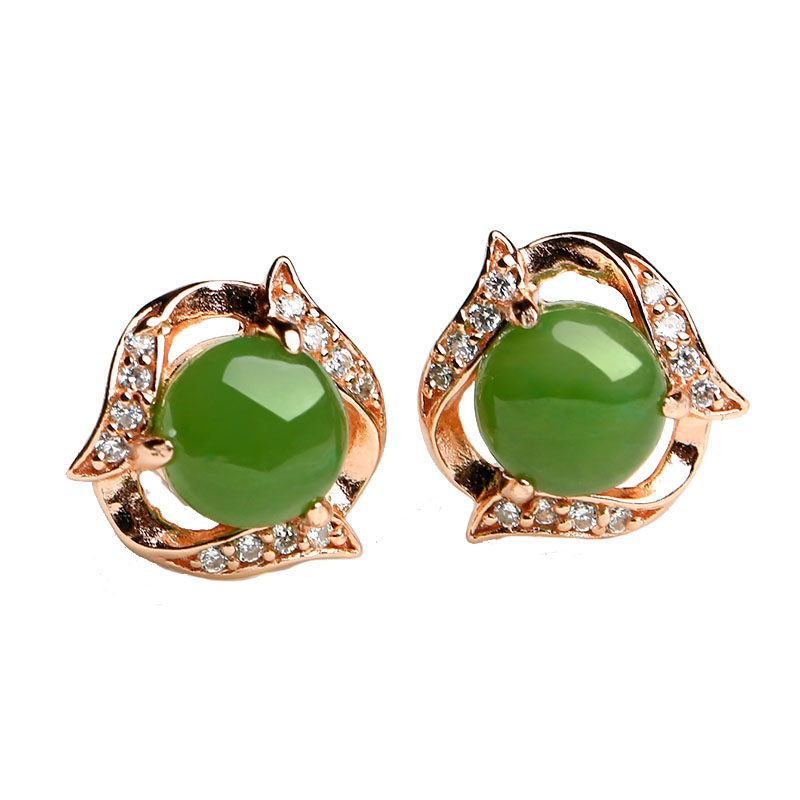 925银镀玫瑰金镶嵌和田碧玉耳钉 高档大气天然玉石耳钉时尚女款
