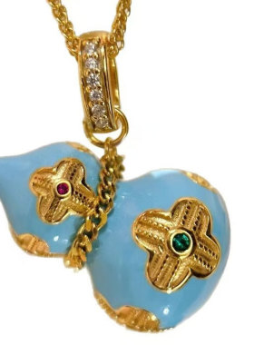 国风蓝色滴釉珐琅四叶花葫芦项链