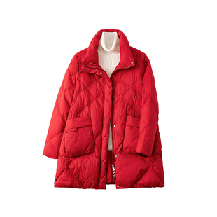 紫米衣坊红色羽绒服女妈妈冬季女款90白鸭绒菱格加厚中长款外套