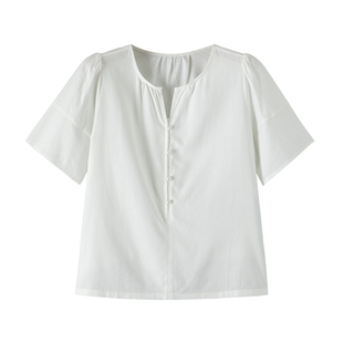 晚白2026年春新款经典简约V领棉麻上衣亲肤柔软轻薄透气衬衫女