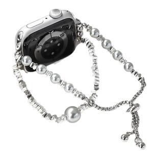适用iWatch碎银仿珍珠双链表带苹果手表S11人造水晶串珠金属吊坠applewatchS10/9/8/7高级感SE可调节手链女夏